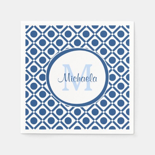 Modern blauw en wit geometrisch monogram met naam servet (Voorkant)