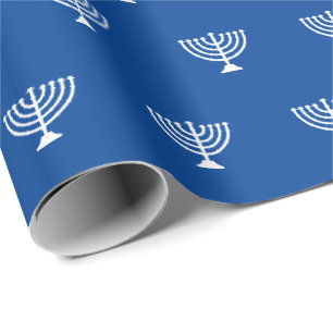 Modern blauw en wit Joods menorah patroon Cadeaupapier