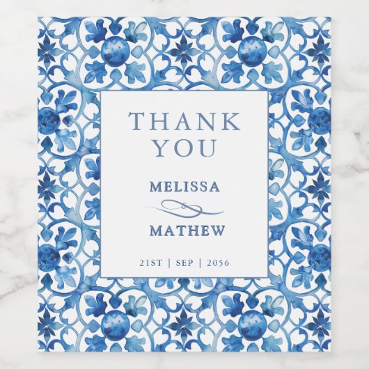 Modern blauw en wit Mediterraan huwelijk Wijn Etiket (Enkel label)