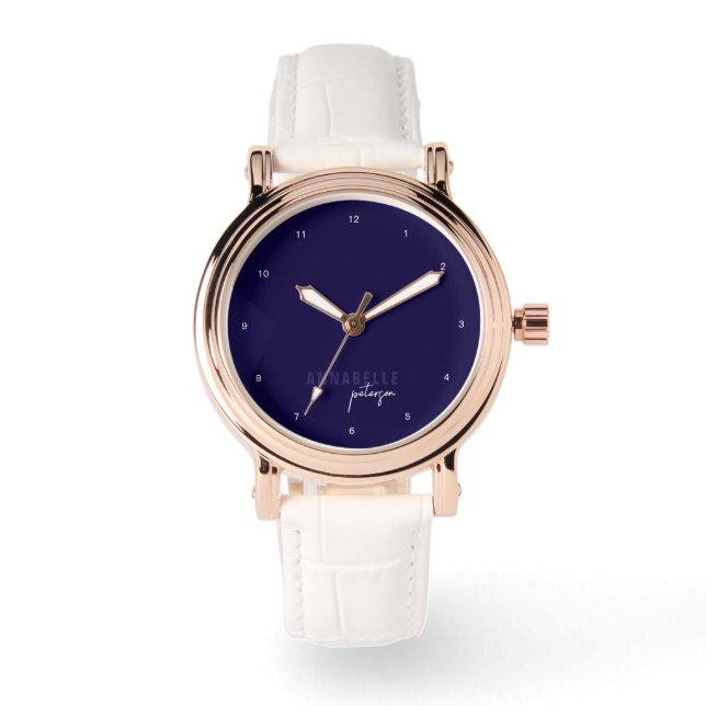 Modern blauw en wit minimalistisch script geperson horloge (Voorkant)