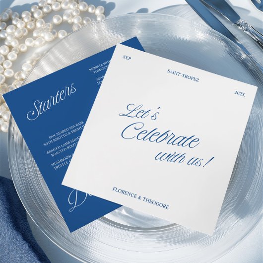 Modern Blauw en Wit Script Huwelijksmenu Kaart