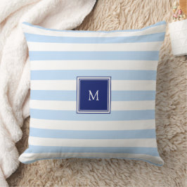 Modern blauw en wit strepenpatroon monogram kussen
