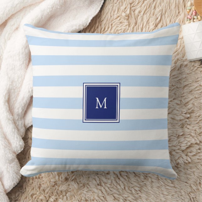 Modern blauw en wit strepenpatroon monogram kussen (Deken)