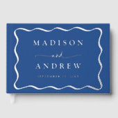 Modern blauw en zilver Wavy Lijst foto bruiloft Gastenboek (Voorkant)