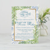 Modern Blauw Feest van de 7 Vissen Kerstfeest Kaart (Staand voorkant)