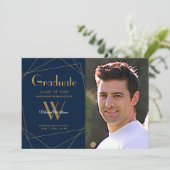 Modern Blauw Foto Monogram Geometrisch Afstuderen Aankondiging (Staand voorkant)