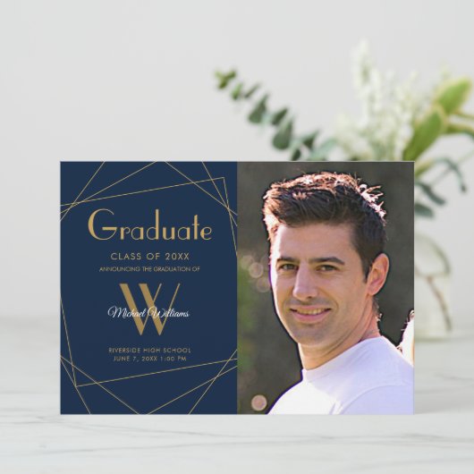 Modern Blauw Foto Monogram Geometrisch Afstuderen Aankondiging (Staand voorkant)