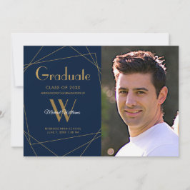 Modern Blauw Foto Monogram Geometrisch Afstuderen Aankondiging
