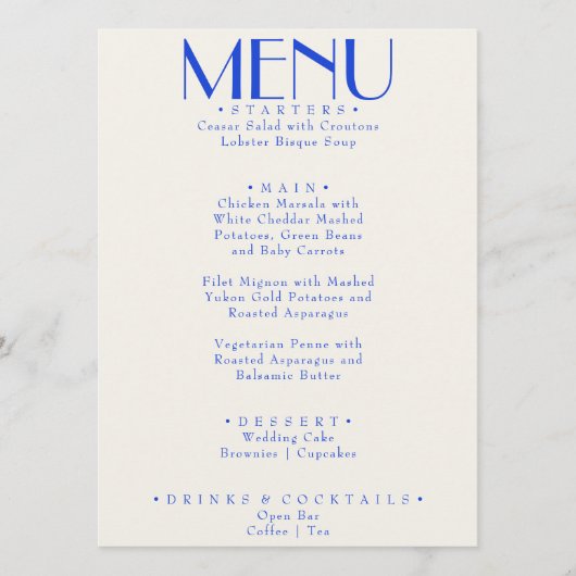 Modern Blauw Frans Retro Whimsical Bruiloft Menu (Voorkant)