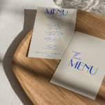 Modern Blauw Frans Retro Whimsical Bruiloft Menu<br><div class="desc">Een kleurrijke retro funky moderne lichte bruiloft diner menu. Die chique sjabloon ontwerp van boho  romige achtergrond en roze typografie en met de hand geschreven menu in het blauw. Perfect en passend bij de hele suite.</div>