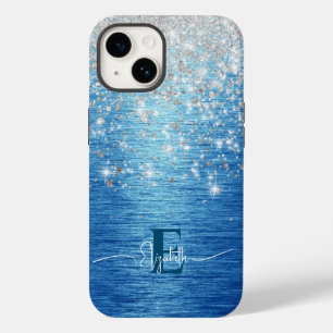 Modern blauw geborsteld metaal zilver glitter mono Case-Mate iPhone 14 hoesje