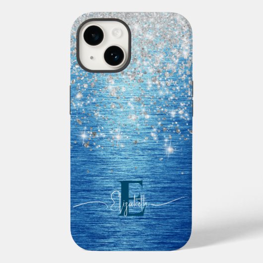 Modern blauw geborsteld metaal zilver glitter mono Case-Mate iPhone case (Achterkant)
