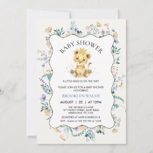 Modern Blauw Geel Bloemen Leeuw Baby shower Kaart