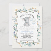 Modern Blauw Geel Bloemen Olifant Baby shower Kaart (Voorkant)