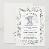 Modern Blauw Geel Bloemen Olifant Baby shower Kaart (Voorkant / Achterkant)