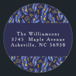 Modern Blauw Geel Chanoeka Bloemen Retouradres Ronde Sticker<br><div class="desc">Modern Boho Blauw Geel Chanoeka Botanische Custom Return Adres Classic Ronde Sticker</div>