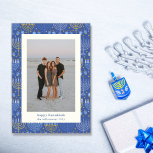 Modern Blauw Geel Menorah Chanoeka Twee Foto Feestdagenkaart
