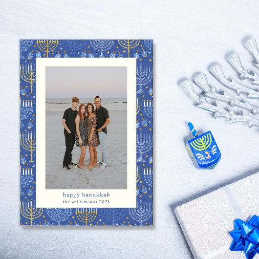 Modern Blauw Geel Menorah Chanoeka Twee Foto Feestdagenkaart