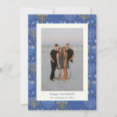 Modern Blauw Geel Menorah Chanoeka Twee Foto Feestdagenkaart (Voorkant)