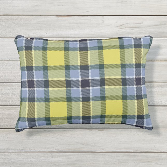 Modern Blauw & Geel Tartan Plaid Patroon Buitenkussen (Voorkant)