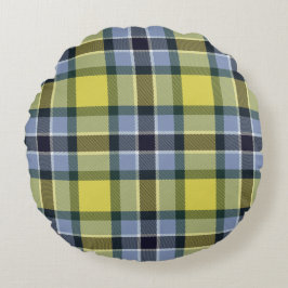 Modern Blauw & Geel Tartan Plaid Patroon Rond Kussen
