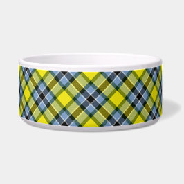 Modern Blauw & Geel Tartan Plaid Patroon Voerbakje