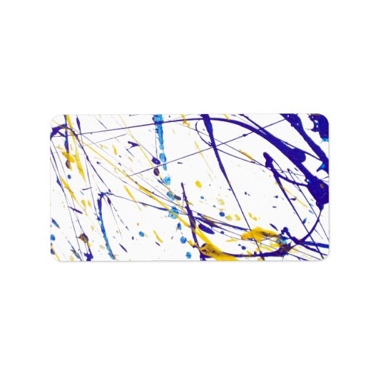 Modern blauw geel waterverf splatterpatroon etiket (Voorkant)