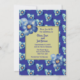 Modern Blauw & Geel Wildflower Royal Blue Wedding Kaart