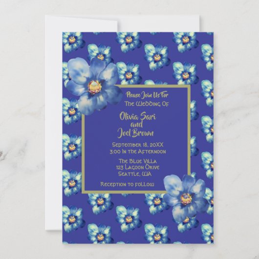 Modern Blauw & Geel Wildflower Royal Blue Wedding Kaart (Voorkant)