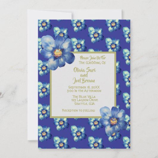 Modern Blauw & Geel Wildflower Royal Blue Wedding Kaart (Voorkant)