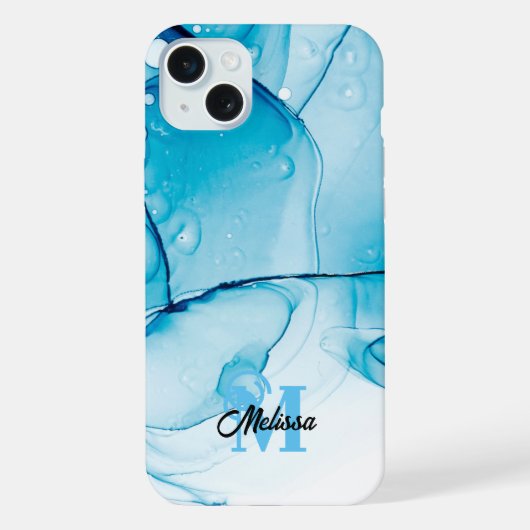 Modern blauw gemarmerd monogram iPhone hoesje (Achterkant)