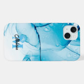 Modern blauw gemarmerd monogram iPhone hoesje (Achterkant horizontaal)