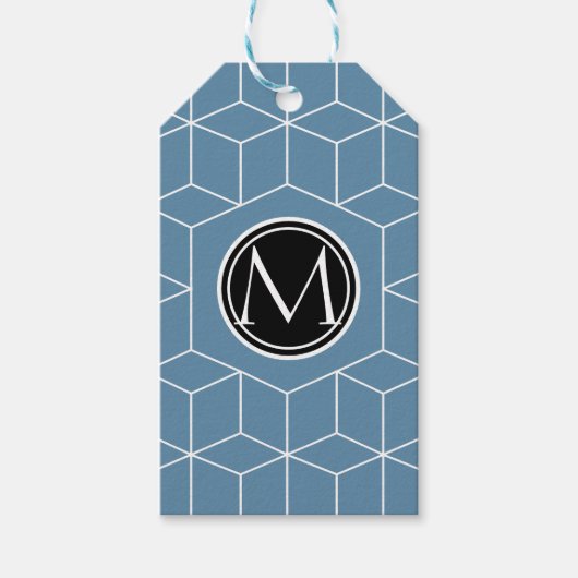 Modern Blauw Geometrisch en Monogram Patroon Cadeaulabel (Voorkant)