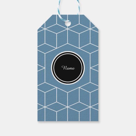 Modern Blauw Geometrisch en Monogram Patroon Cadeaulabel (Achterkant)