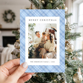 Modern Blauw Geruit Familie Foto Kerstmis Feestdagenkaart