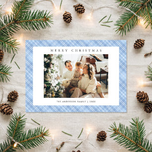 Modern Blauw Geruit Familiefoto Kerstmis Feestdagenkaart