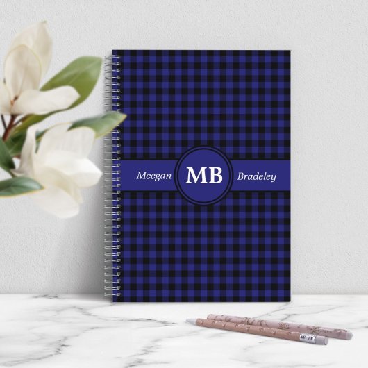 Modern blauw geruit monogram notitieboek