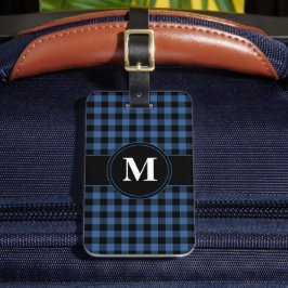 Modern blauw geruite patroon monogram bagagelabel