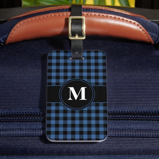 Modern blauw geruite patroon monogram bagagelabel (Voorkant Insitu 2)