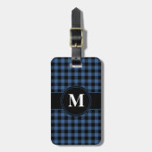 Modern blauw geruite patroon monogram bagagelabel (Voorkant verticaal)