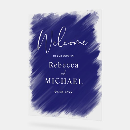 Modern blauw geschilderd monogram bruiloft welkom acryl bord (Hoek)