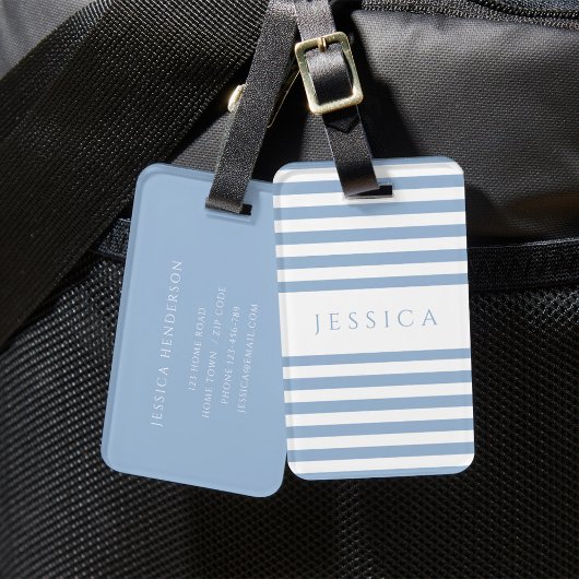 Modern blauw gestreept patroon bagagelabel