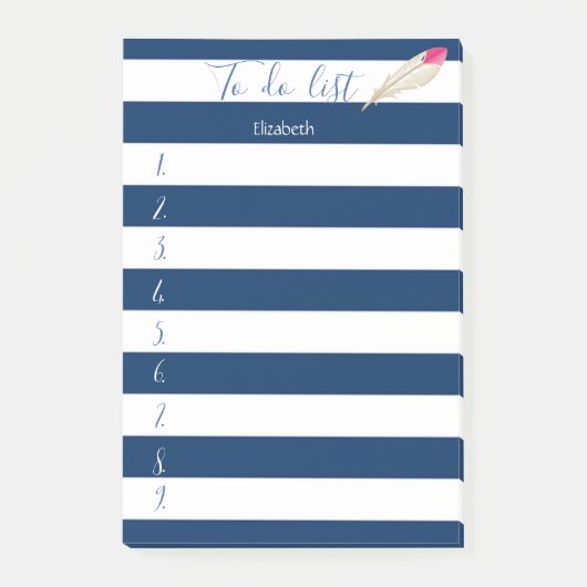 Modern blauw gestreept, veer, takenlijst post-it® notes (Voorkant)
