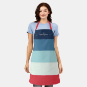 Modern blauw gestreepte scriptnaam apron schort (Gedragen)