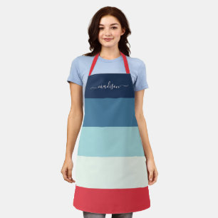 Modern blauw gestreepte scriptnaam apron schort