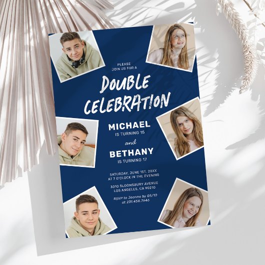 Modern Blauw Gezamenlijk Foto Verjaardagsfeest Kaart