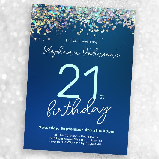 Modern Blauw Glitter 21e Verjaardagsfeest Kaart