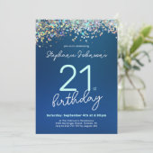 Modern Blauw Glitter 21e Verjaardagsfeest Kaart (Staand voorkant)