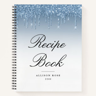 Modern blauw glitter receptenboek notitieboek