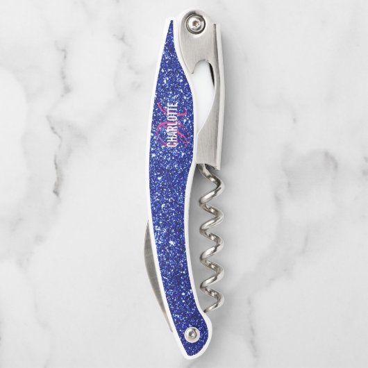 Modern blauw glitter roze monogram naam ober's c kurkentrekker (Achterkant)